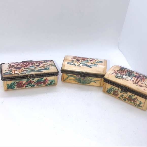 Set of 3 Chinese Cow Bone Carved Gift Box Trinket Box W/Hand Painted . - Picture 8 of 9